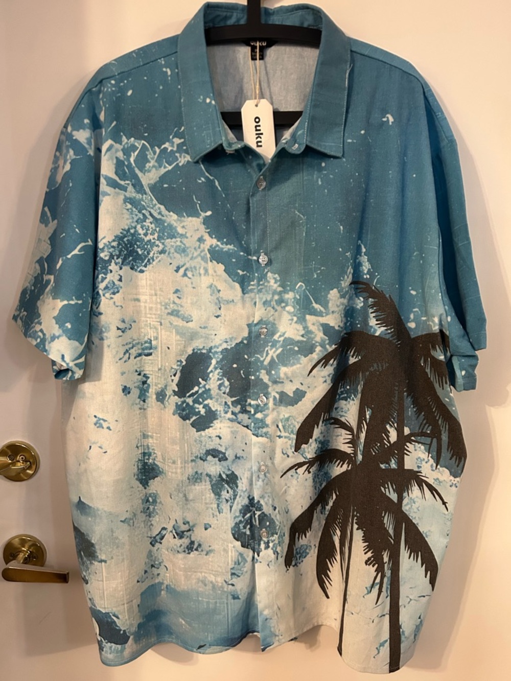 ouku Men’s Blue Palm-Print Short Sleeve Button-Down Shirt Linen Blend Size 3XL